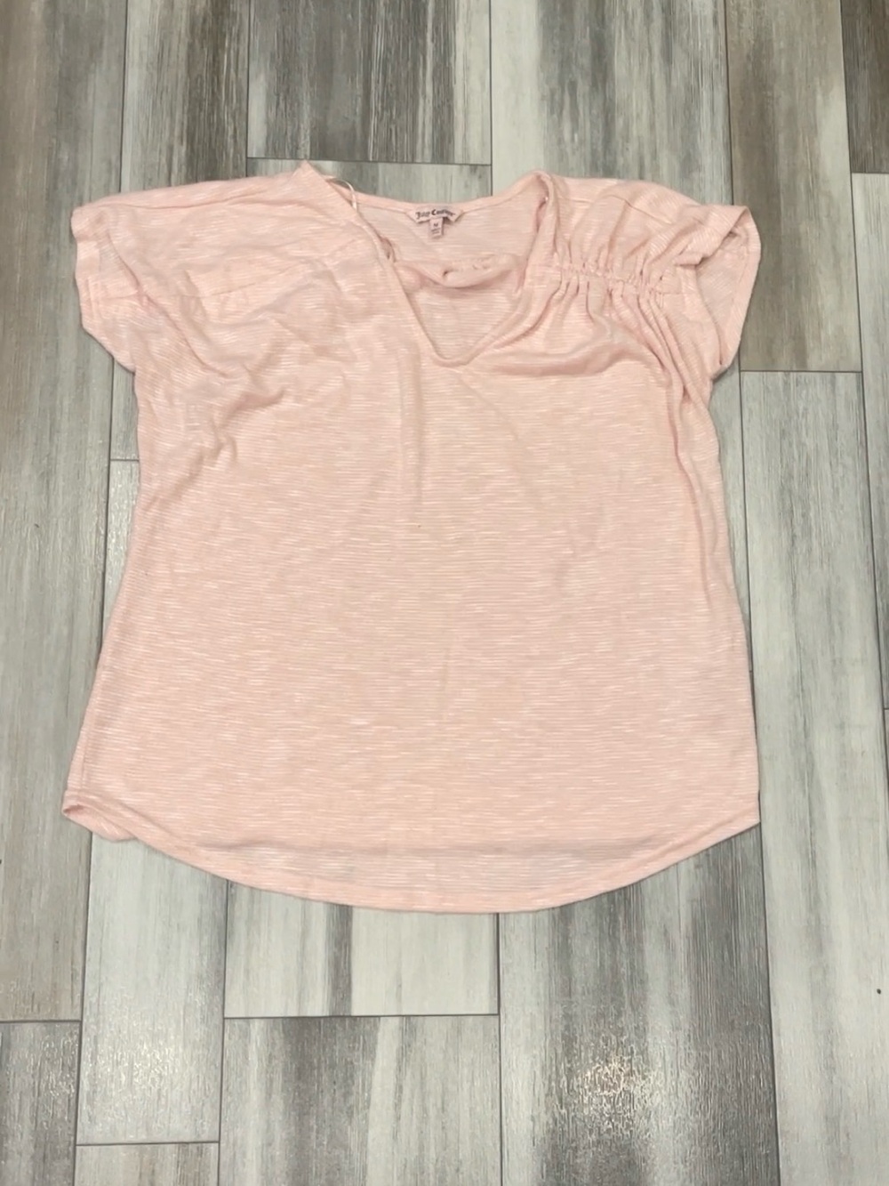 Juicy Couture Pink Contour Top – Ruched Neckline – Stretchy Hem Missing